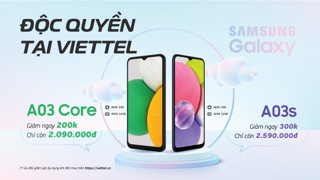 Giảm 300K khi mua Samsung Galaxy A03 Core và A03s tại Viettel